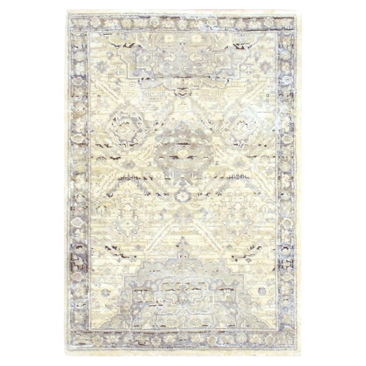 2'1"x3' Eggshell White Hand Knotted Pure Silk and Textured Wool Oushak Rug