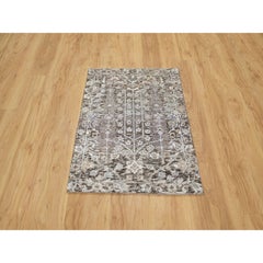 2'1"x3' Fossil Gray Hand Knotted Willow Cypress Tree Silk and Wool Mat Rug
