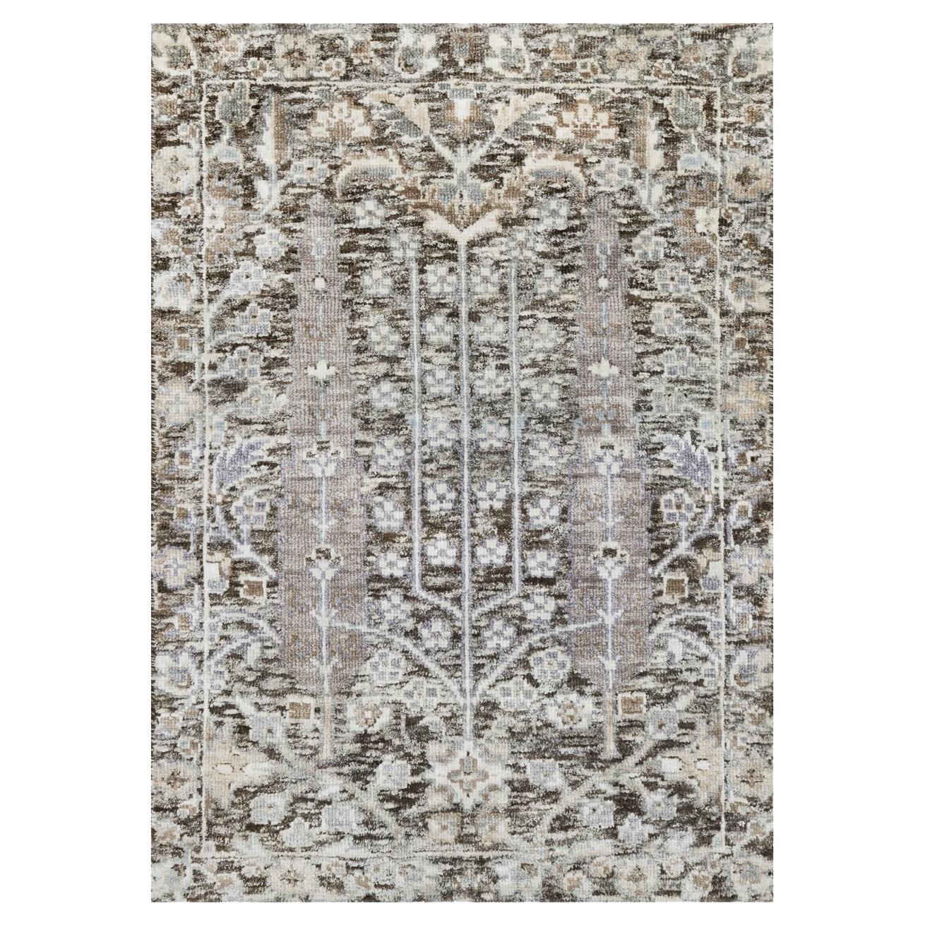 2
1"x3
 Fossil Gray Hand Knotted Willow Cypress Tree Silk and Wool Mat Rug For Sale
