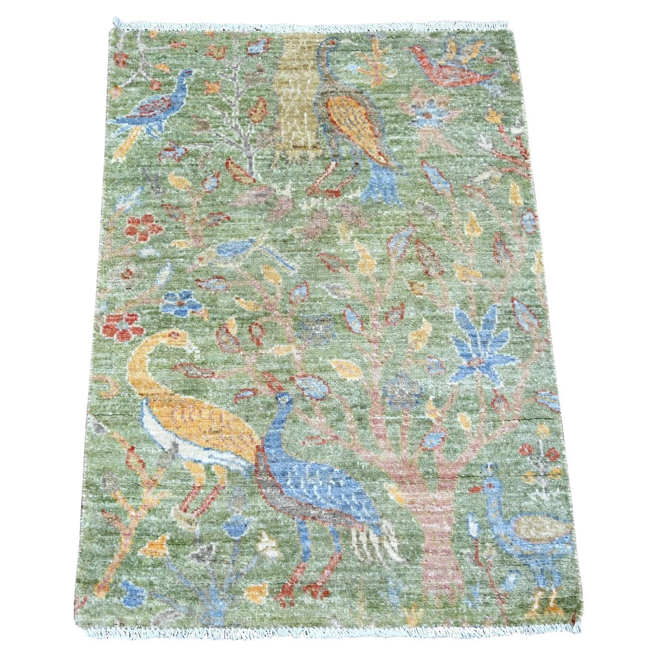 2
1"x3
Green Hand Knotted Peshawar Colorful Birds of Paradise Wool Mat Rug