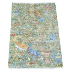 2
1"x3
 Green Hand Knotted Peshawar Colorful Birds of Paradise Wool Mat Rug