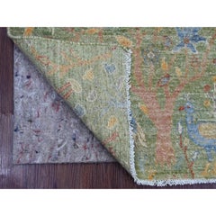2'1"x3' Green Hand Knotted Peshawar with Birds of Paradise Design Wool Mat Rug