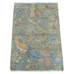 2'1"x3' Green Hand Knotted Peshawar with Birds of Paradise Design Wool Mat Rug