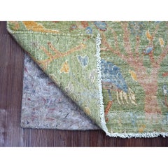 2'1"x3' Green Peshawar with Birds of Paradise Design Hand Knotted Wool Mat Rug