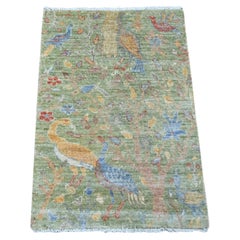 2'1"x3' Green Peshawar with Birds of Paradise Design Hand Knotted Wool Mat Rug