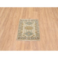 2'1"x3' Ivory and Gray, Karajeh Design, Organic Wool Hand Knotted Mat Rug