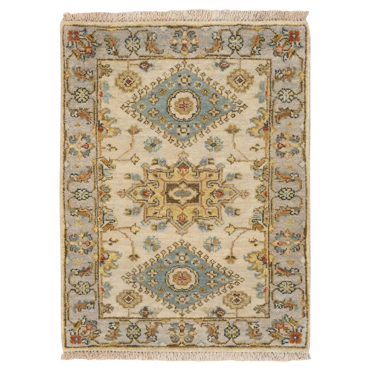 2
1"x3
 Ivory and Gray, Karajeh Design, Organic Wool Hand Knotted Mat Rug For Sale