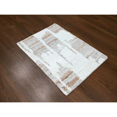 2'1"x3' Ivory Minimalist Swedish Design Hand Knotted Pure Wool Mat Small Rug