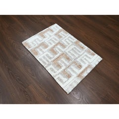 2'1"x3' Ivory Minimalist Swedish Design Hand Knotted Wool Mat Oriental Rug