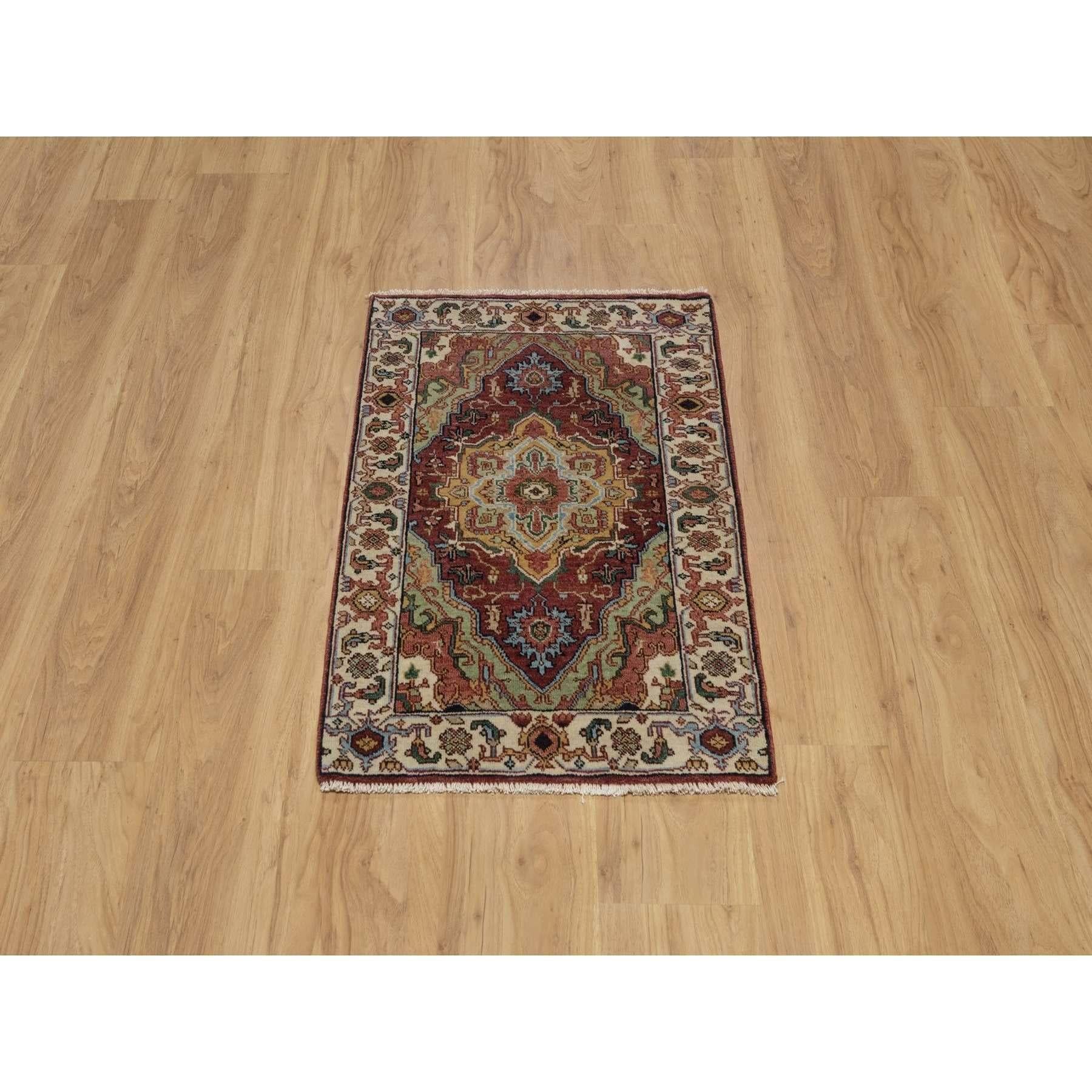 Brick Red, Antiqued Fine Heriz Re-Creation, Medallion Design, Hand Knotted, Soft Pile, Hand Spun New Zealand Wool, Vegetable Dyes, Mat, Sample, Oriental Rug
Primary materials: Wool
Latex: No Pile 
height: 0.25 Inches
Style: Traditional
Primary