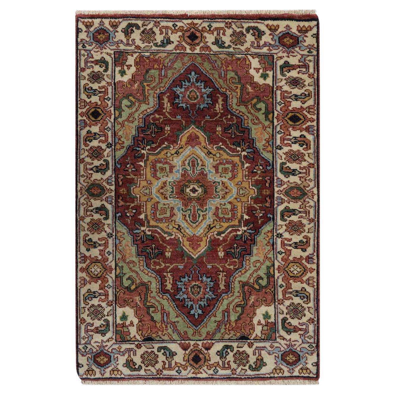 2'1"x3' Red Antiqued Fine Heriz Re-Creation Hand Knotted Wool Mat Small Rug For Sale