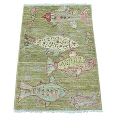 2'1"x3' Swamp Green Hand Knotted Afghan Peshawar Fish Design Pure Wool Mat Rug