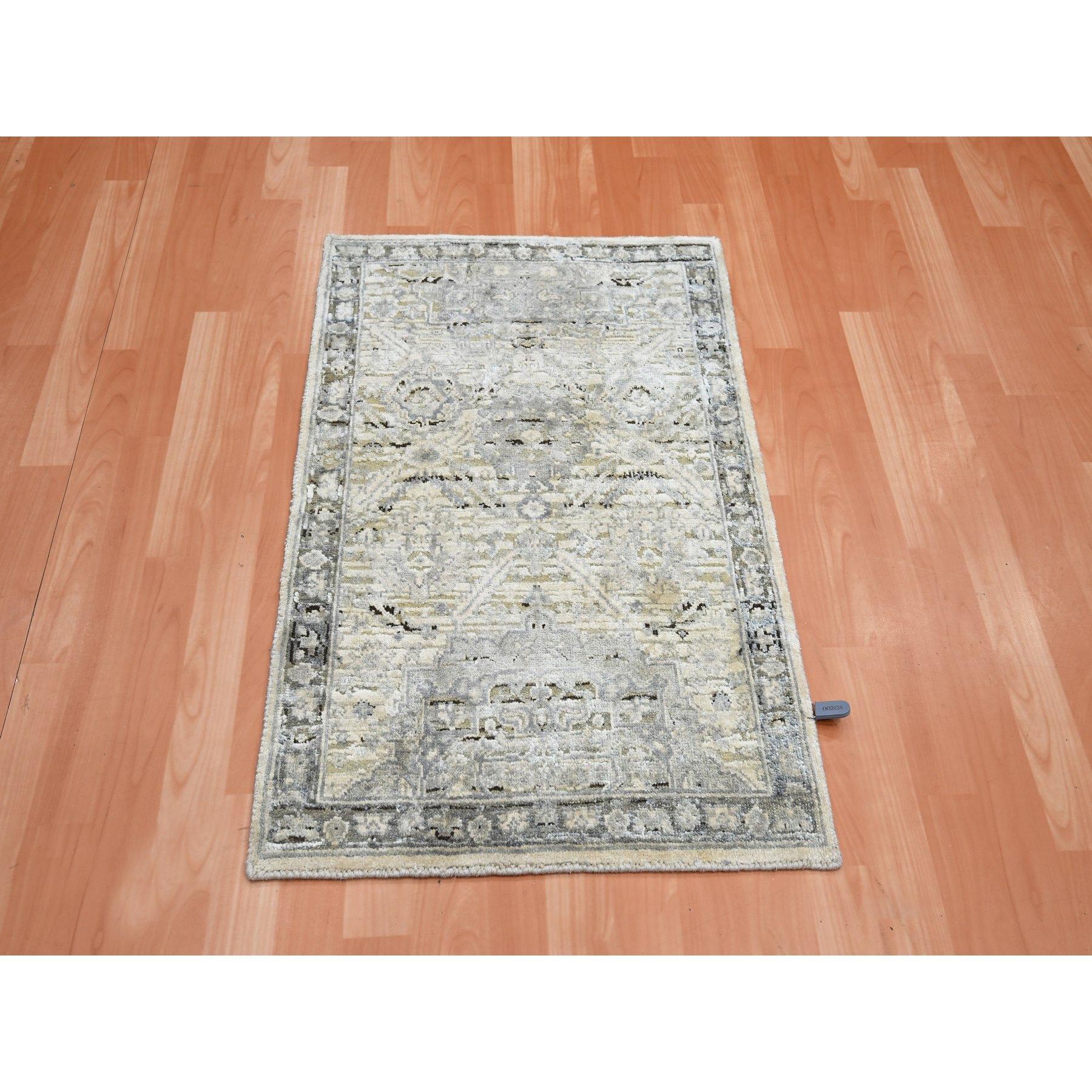 Pearl White, Oushak with Geometric Motif, Hand Knotted, Pure Silk and Textured Wool,  Mat, Oriental Rug
Primary materials: Wool & Silk
Latex: No Pile 
height: 0.25 Inches
Style: Transitional
Primary color: Ivory
Secondary colors: Beige,