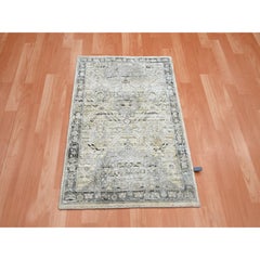 2'1"x3' White Oushak with Geometric Motif Hand Knotted Pure Silk and Wool Rug