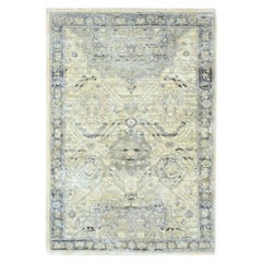 2'1"x3' White Oushak with Geometric Motif Hand Knotted Pure Silk and Wool Rug
