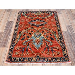 2'1" x 3' großer, handgeknüpfter Wollteppich in der Farbe „Yam Orange“, Aryana-Qualität, Heriz-Muster, durchgängiges Design