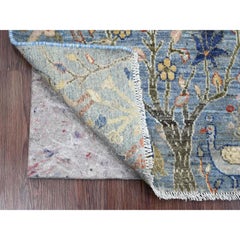 2'1"x3'1" Blue Soft Wool Peshawar Birds of Paradise Design Hand Knotted Mat Rug