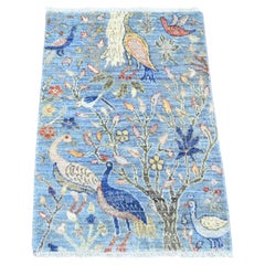 2'1"x3'1" Blue Soft Wool Peshawar Birds of Paradise Design Hand Knotted Mat Rug