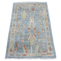 2'1 "x3'1" Blaugrau Angora Oushak Buntes Muster Handgeknüpft Wolle Matte Teppich