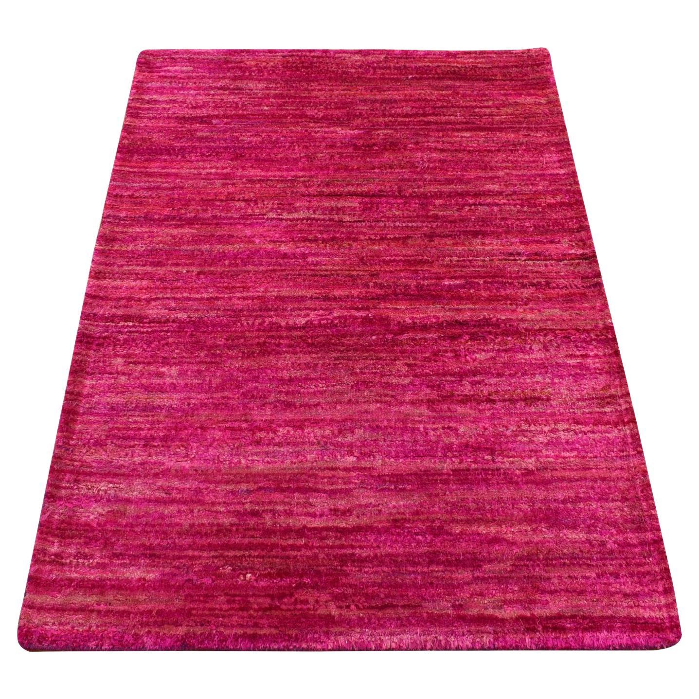 2'1"x3'1" Bright Pink Plain Solid Design Pure Sari Silk Hand Knotted Sample Rug For Sale
