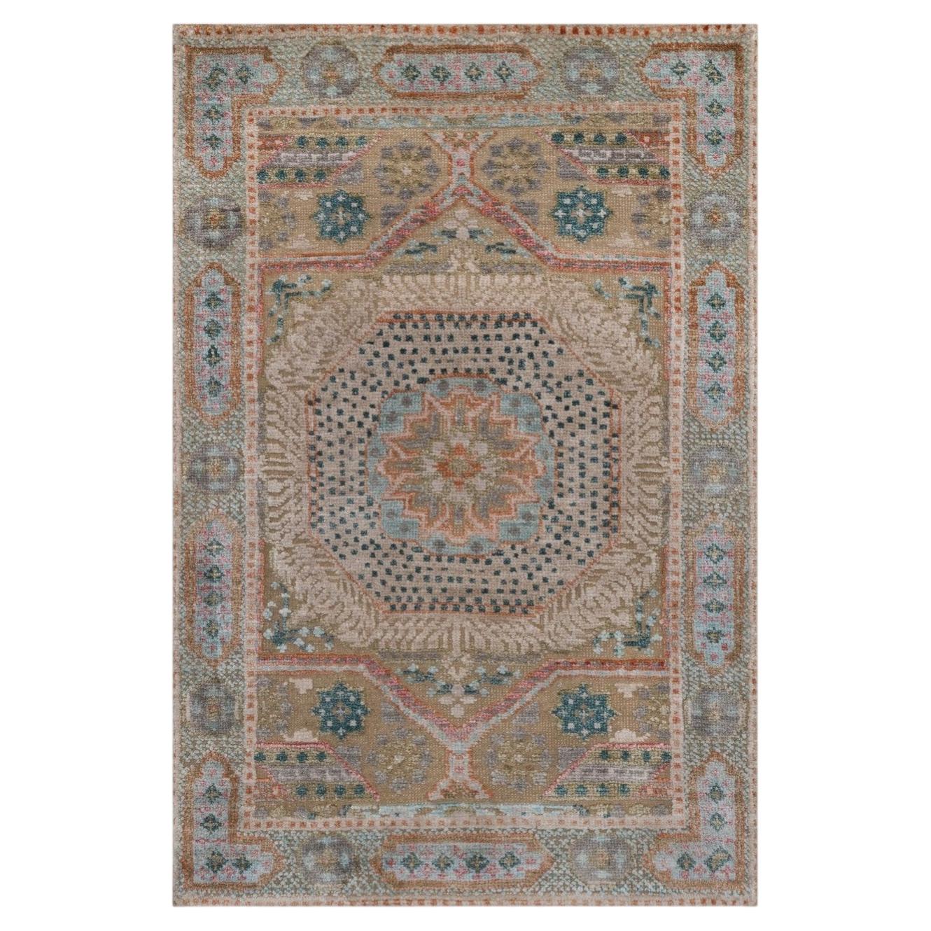 2'1"x3'1" Brown Mamluk Design with Medallion Hand Knotted Wool and Silk Mat Rug