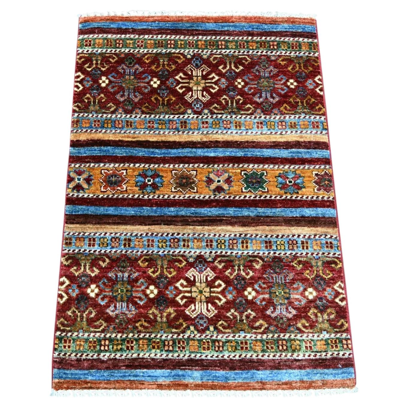 2'1"x3'1" Colorful Natural Wool Hand Knotted Afghan Super Kazak Sample Mat Rug For Sale