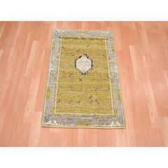 2'1"x3'1" Golden Yellow Pinecone Design Hand Knotted Pure Wool Mat Oriental Rug