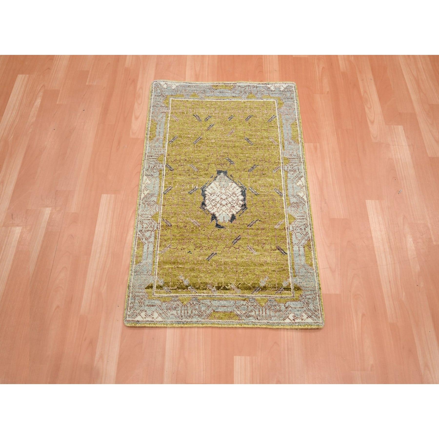 Golden Yellow, Pinecone Design, Hand Knotted, Pure Wool, Shaved Low, Densely Woven, Mat, Sample, Oriental Rug
Primary materials: Wool
Latex: No Pile 
height: 0.25 Inches
Style: Transitional
Primary color: Yellow
Secondary colors: Ivory, Brown,