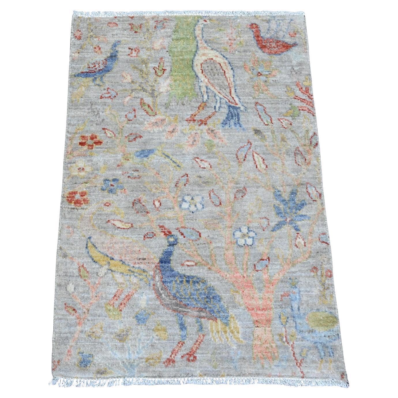 2
1"x3
1" Gray Afghan Peshawar Birds of Paradise Design Hand Knotted Wool Rug For Sale