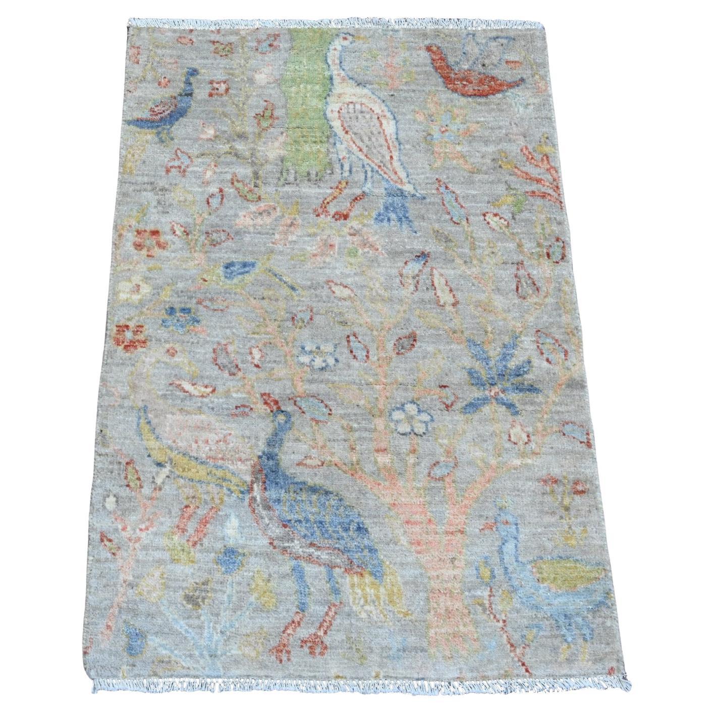 2
1 "x3
1" Graue handgeknüpfte afghanische Peshawar Paradiesvögel Design Wollteppich