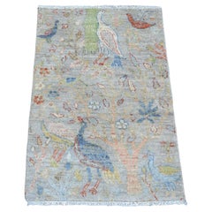 2
1 "x3
1" Graue handgeknüpfte afghanische Peshawar Paradiesvögel Design Wollteppich