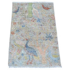 2'1"x3'1" Gray Hand Knotted Afghan Peshawar Birds of Paradise Design Wool Rug