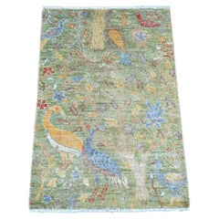 2
1"x3
1" Green Peshawar Birds of Paradise Design Hand Knotted Soft Wool Mat Rug