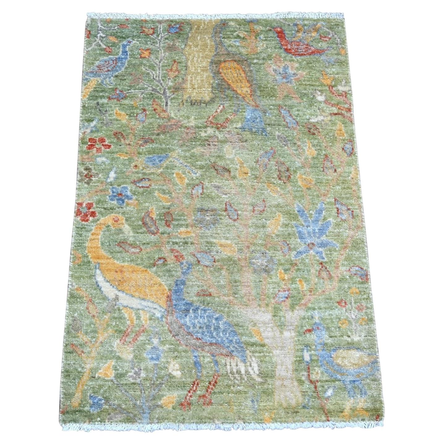 2'1"x3'1" Green Peshawar Birds of Paradise Design Hand Knotted Soft Wool Mat Rug