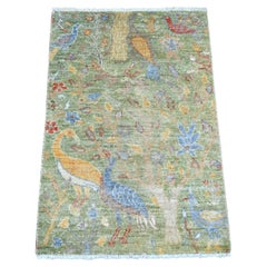 2'1"x3'1" Green Peshawar Birds of Paradise Design Hand Knotted Soft Wool Mat Rug