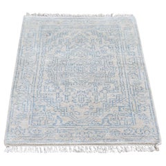 2'1"x3'1" Ivory Wash Out Wool and Pure Silk Persian Heriz Design Handknotted Rug
