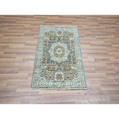 2'1"x3'1" Sage Green Pre Historic Mamluk Design Wool Hand Knotted Mat Small Rug