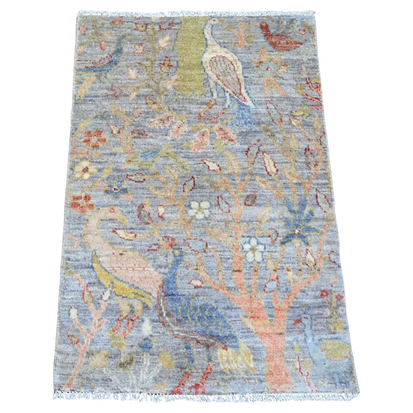 2
1"x3
2" Blue Afghan Peshawar Birds of Paradise Design Hand Knotted Wool Rug