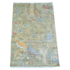 2
1"x3
2" Green Peshawar Birds of Paradise Design Hand Knotted Soft Wool Mat Rug