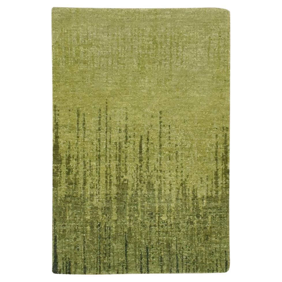 2'1"x3'2" Green Vertical Ombre Design Hand Knotted Soft and Vibrant Wool Rug