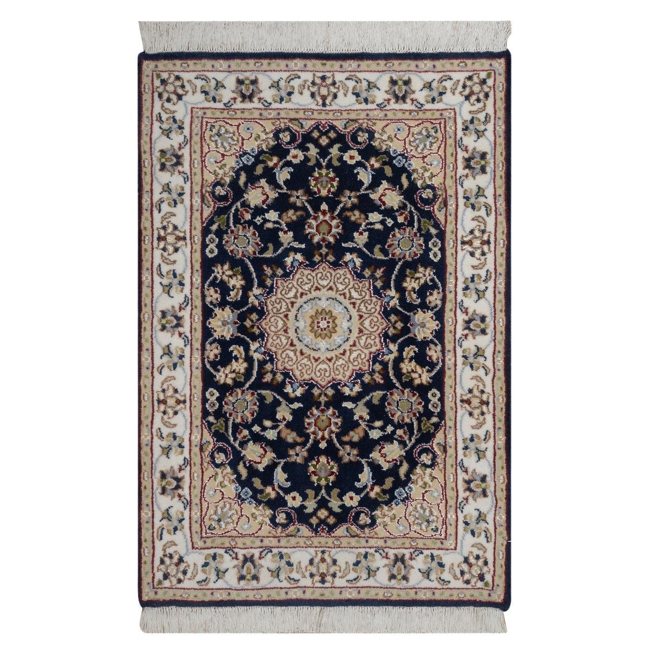 2
1"x3
2" Midnight Blue Nain Flower Design Wool and Silk Hand Knotted Small Rug