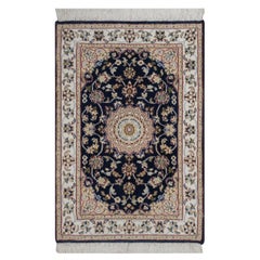 2
1"x3
2" Midnight Blue Nain Flower Design Wool and Silk Hand Knotted Small Rug