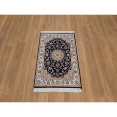 2'1"x3'2" Pageant Blue Nain Flower Design Wool and Silk Hand Knotted Small Rug