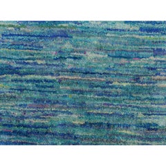 2'1"x3'2" Shades of Blue Plain Solid Design Hand Knotted Sample Sari Silk Rug