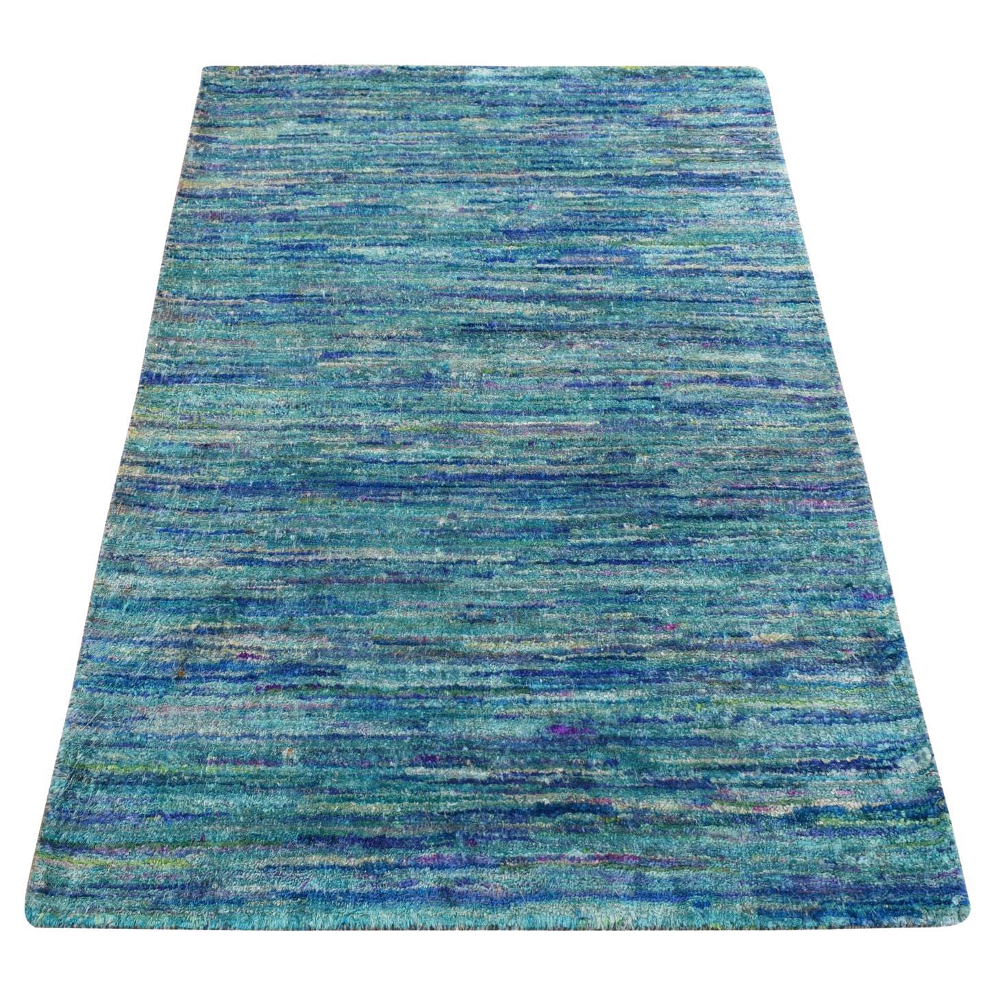 2'1"x3'2" Shades of Blue Plain Solid Design Hand Knotted Sample Sari Silk Rug For Sale