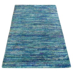 2'1"x3'2" Shades of Blue Plain Solid Design Hand Knotted Sample Sari Silk Rug
