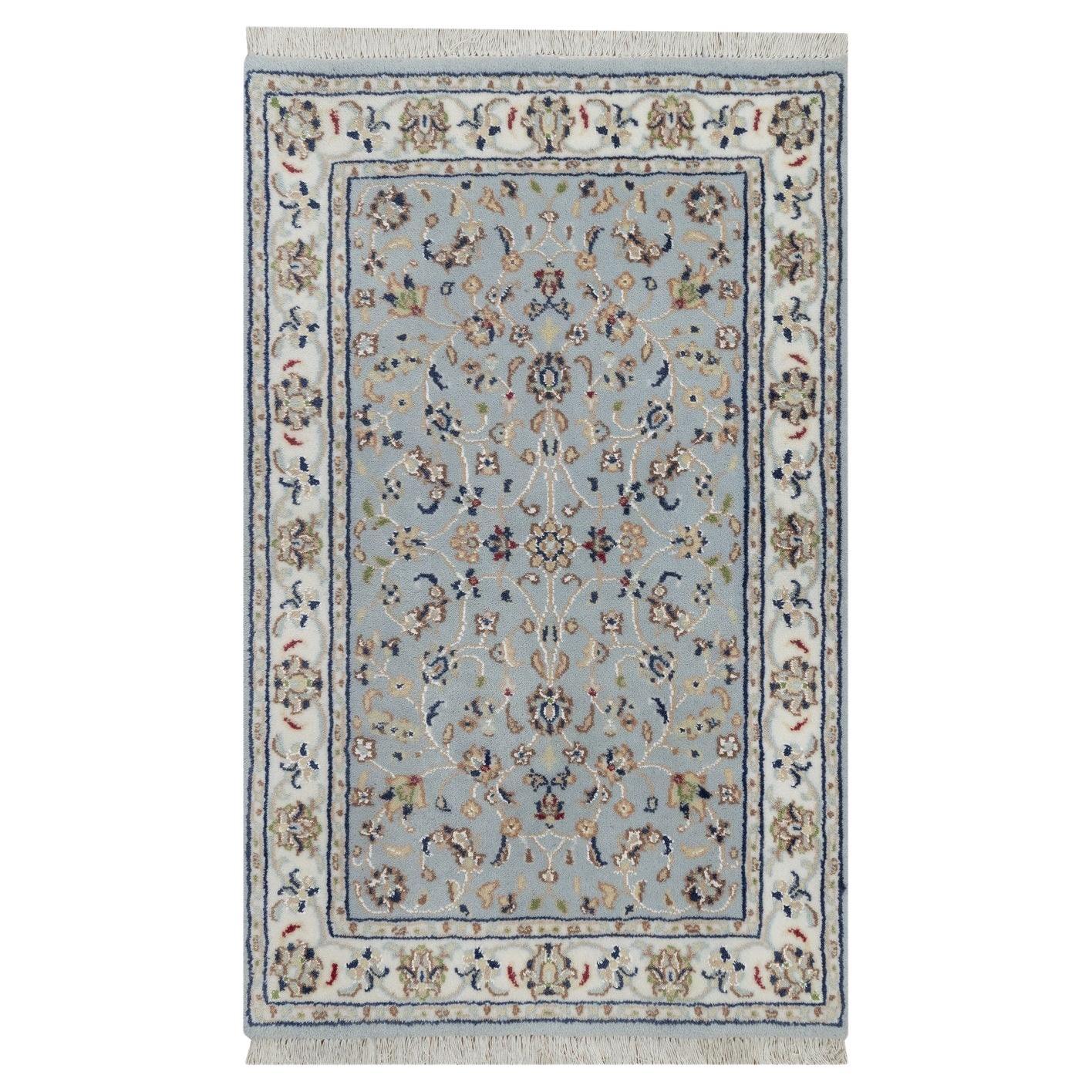 2
1"x3
3"  Beau Blue Nain with All Over Design Wool 
Silk Hand Knotted Mat Rug