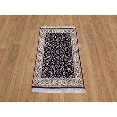 2'1"x3'3" Midnight Blue Nain with Flower Design Hand Knotted Wool & Silk Mat Rug