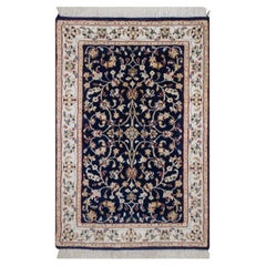 2'1"x3'3" Midnight Blue Nain with Flower Design Hand Knotted Wool & Silk Mat Rug