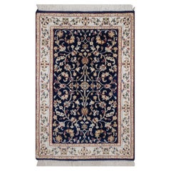 2'1"x3'3" Midnight Blue Nain with Flower Design Hand Knotted Wool & Silk Mat Rug